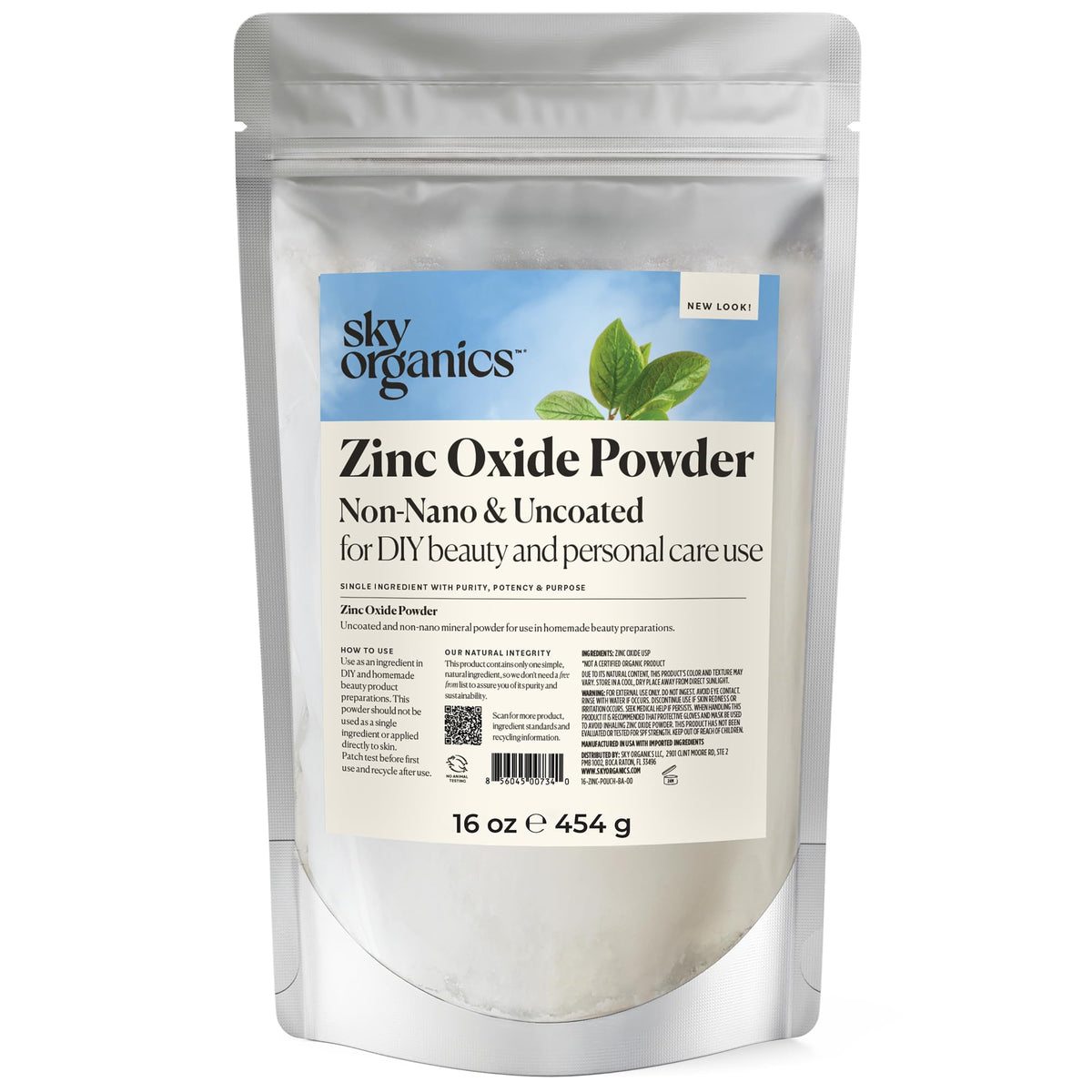 Poudre d'oxyde de zinc Sky Organics 470g vue de face dans son emballage refermable