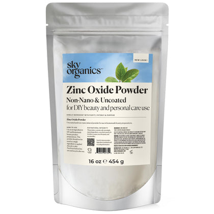 Poudre d'oxyde de zinc Sky Organics 470g vue de face dans son emballage refermable