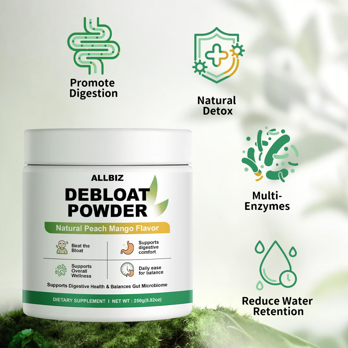 Poudre dé ALLBIZ 250g avec fruits frais en arrière-plan