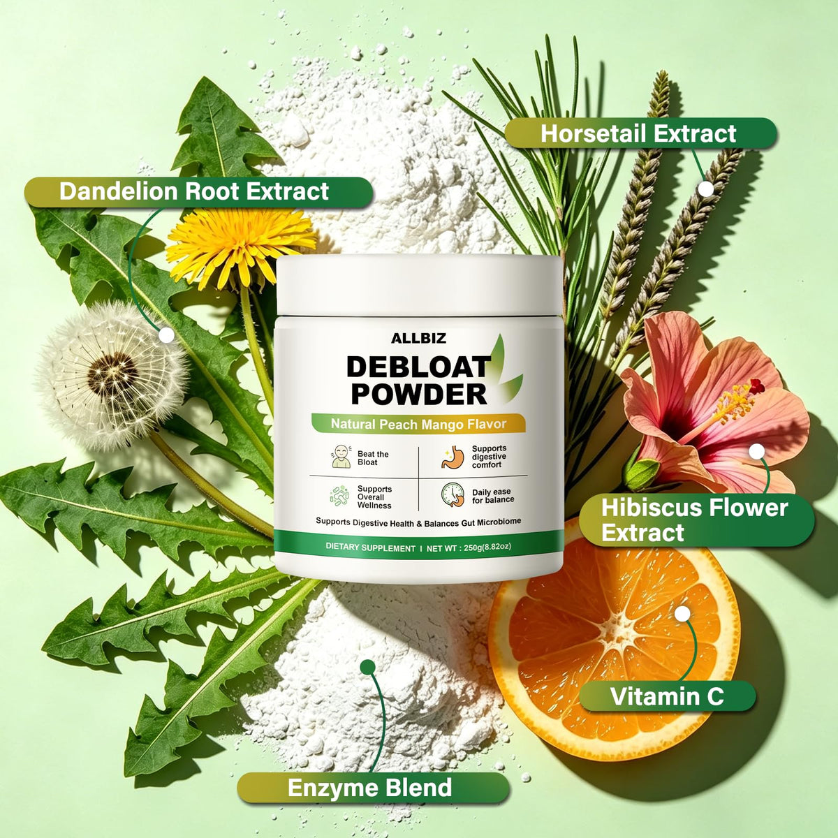 Poudre dé ALLBIZ 250g sur une table avec un mixeur