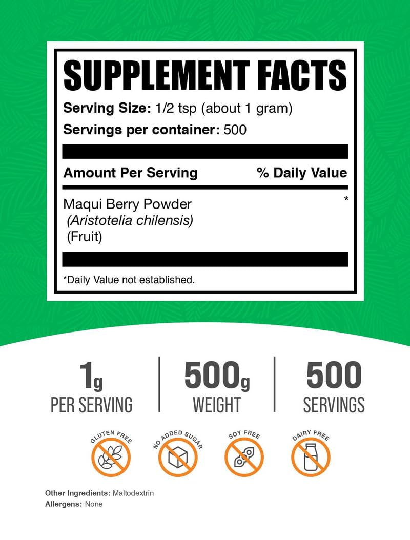 Poudre de baie de maqui BulkSupplements dans un bol avec cuillère
