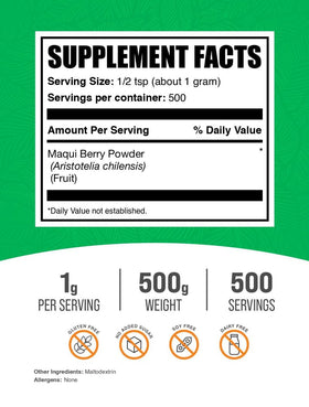 Poudre de baie de maqui BulkSupplements dans un bol avec cuillère