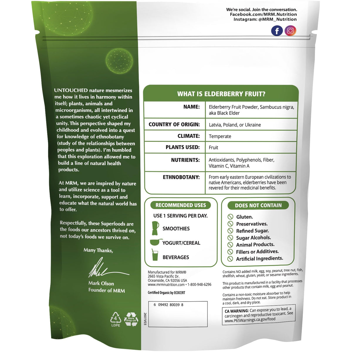 Poudre de baies de sureau bio MRM 240g dans un bol avec cuillère