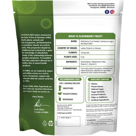 Poudre de baies de sureau bio MRM 240g dans un bol avec cuillère