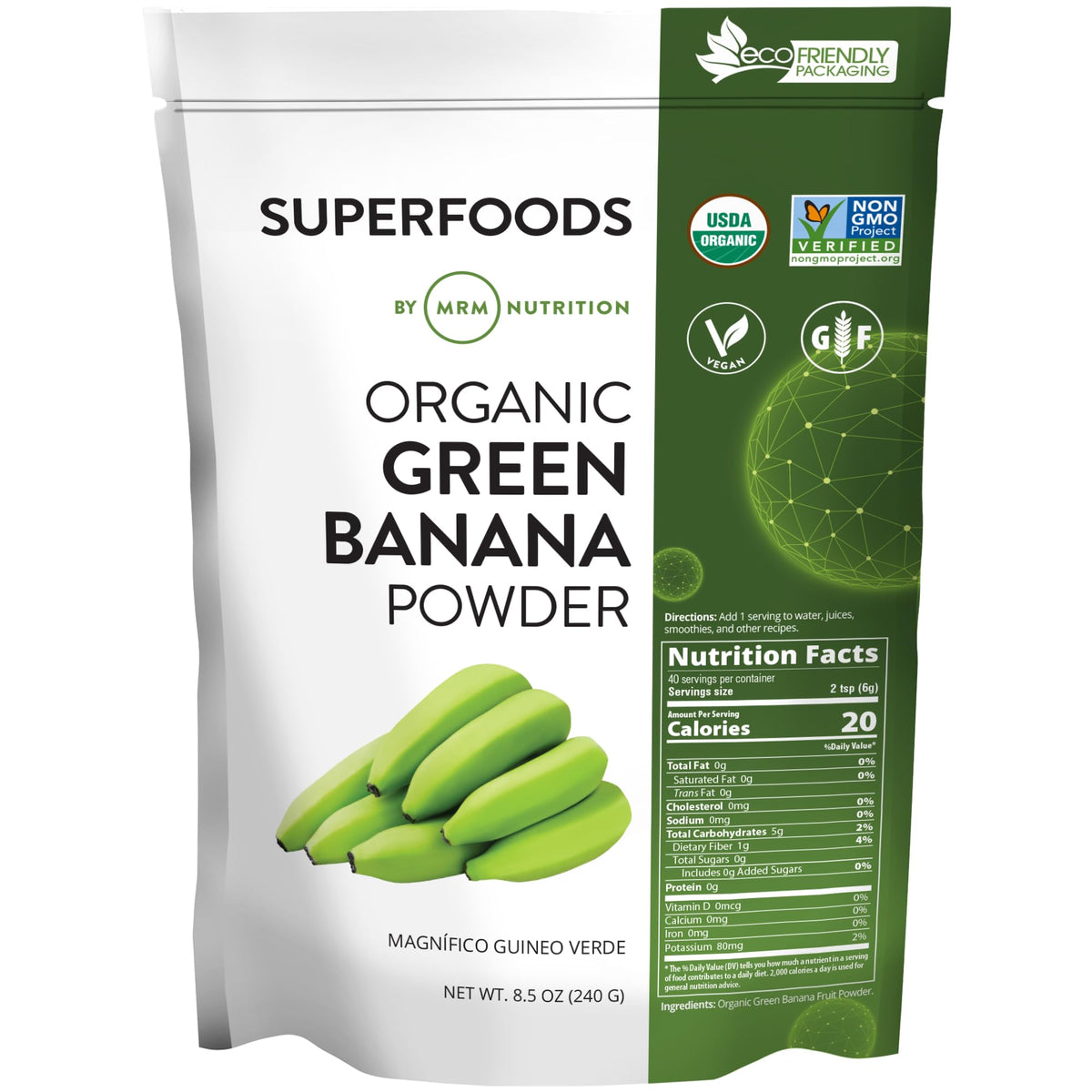 Poudre de banane verte biologique MRM 259g vue de face avec emballage