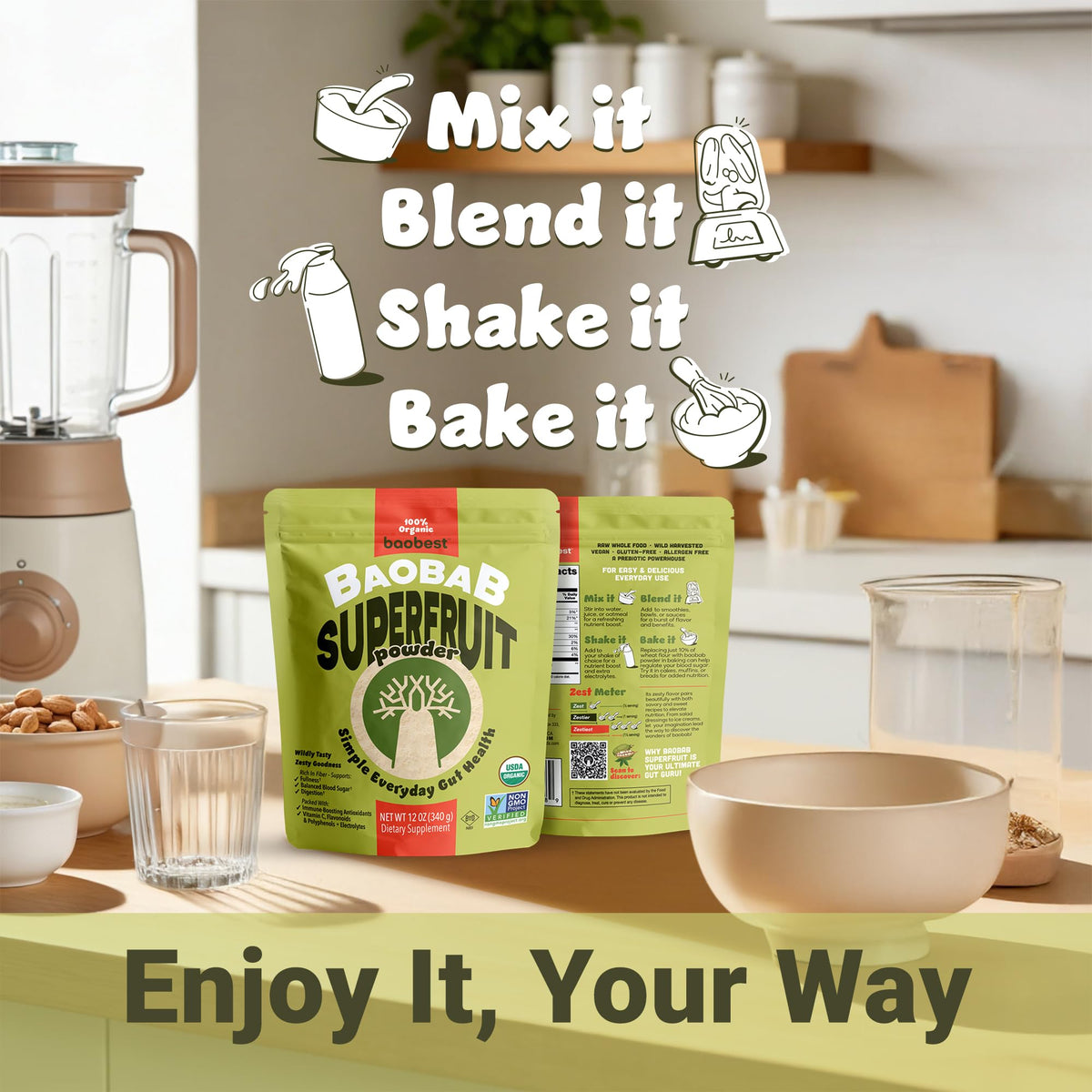 Poudre de baobab bio Baobest sur une table en bois