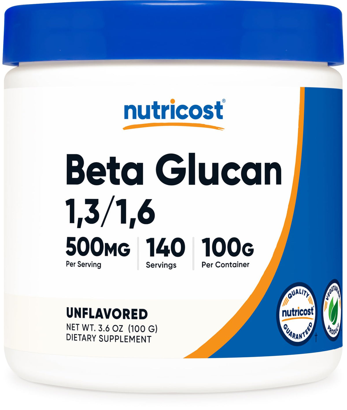 Poudre de Beta Glucan Nutricost 100g en pot avec étiquette