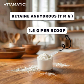Poudre de Bétaïne Anhydre Vitamatic 250 g ouverte avec cuillère à mesurer