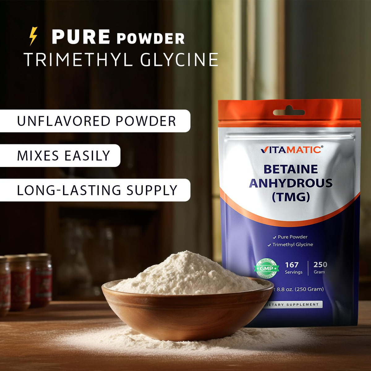 Poudre de Bétaïne Anhydre Vitamatic 250 g sur une balance de cuisine