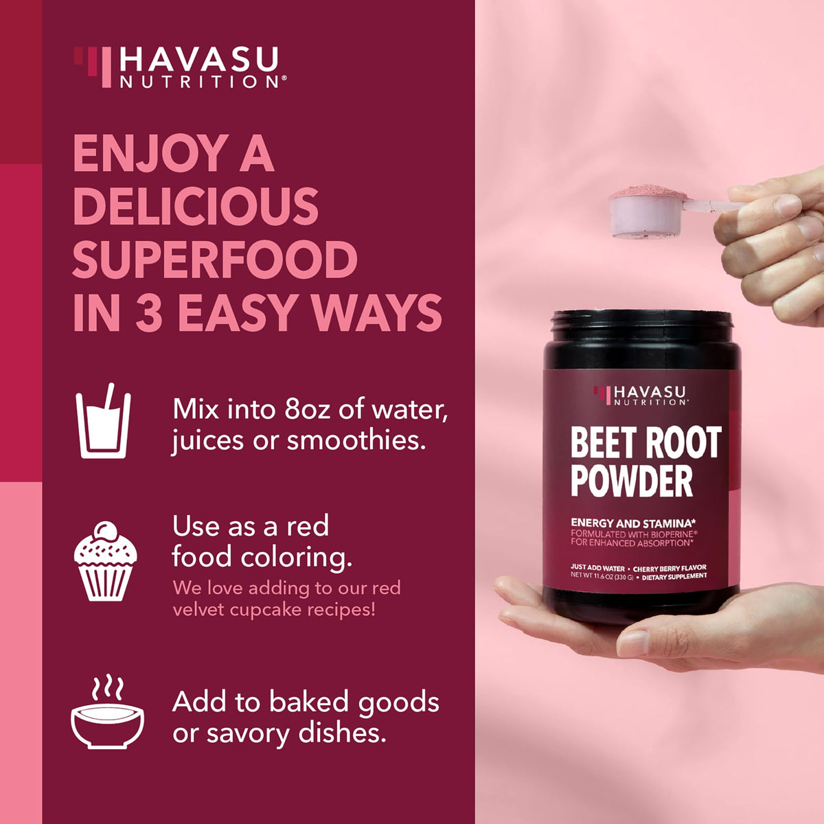 Poudre de Betterave Bio HAVASU NUTRITION 410g sur une table