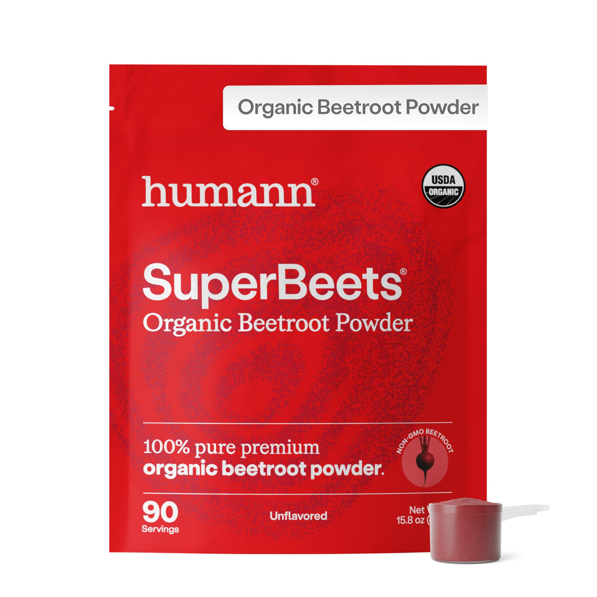 Poudre de betterave bio HumanN 481g devant un fond blanc
