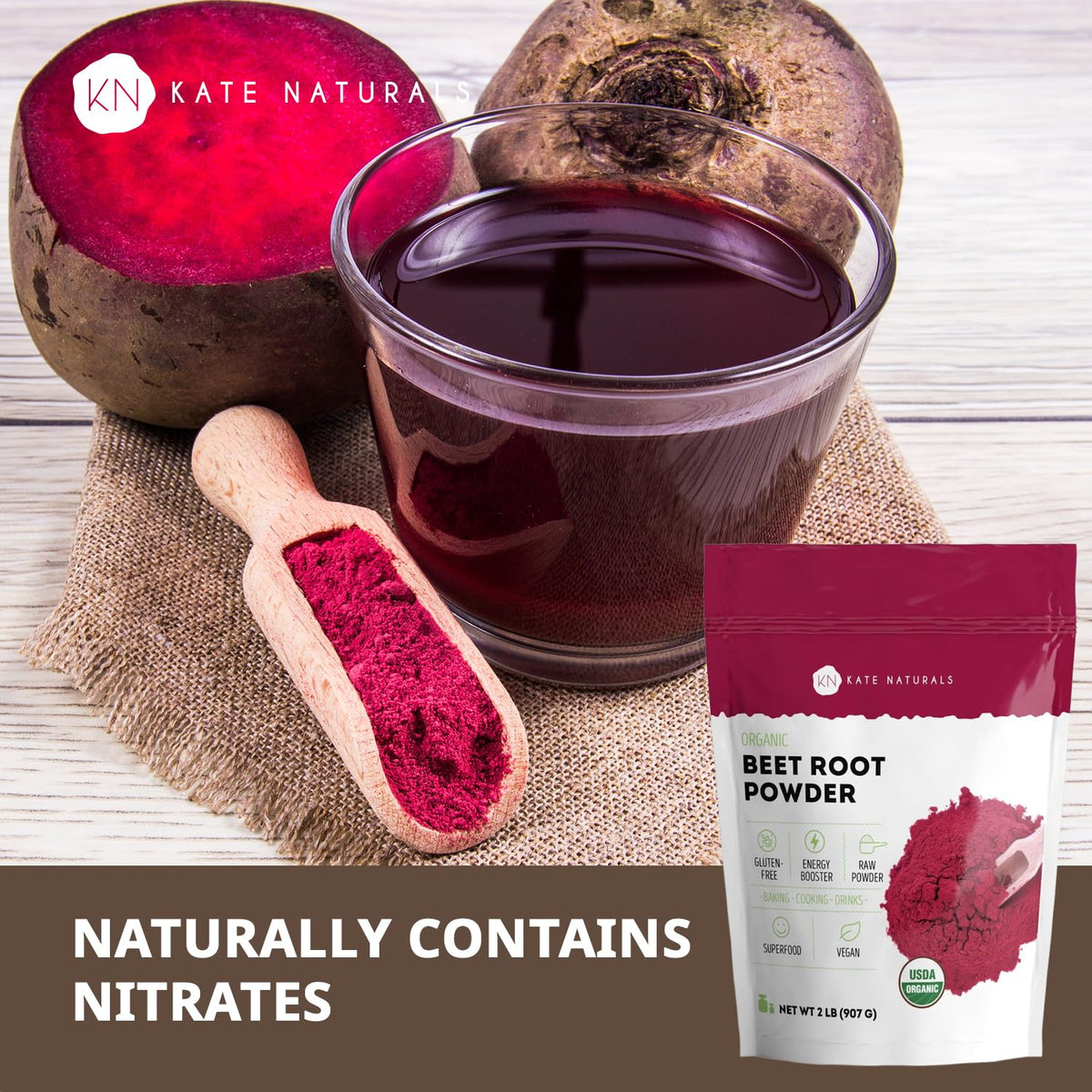 Poudre de betterave bio Kate Naturals versée dans un bol