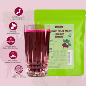 Poudre de betterave bio Luckycare 399g, cuillère avec poudre