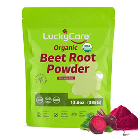 Poudre de betterave bio Luckycare 399g, vue de face avec emballage