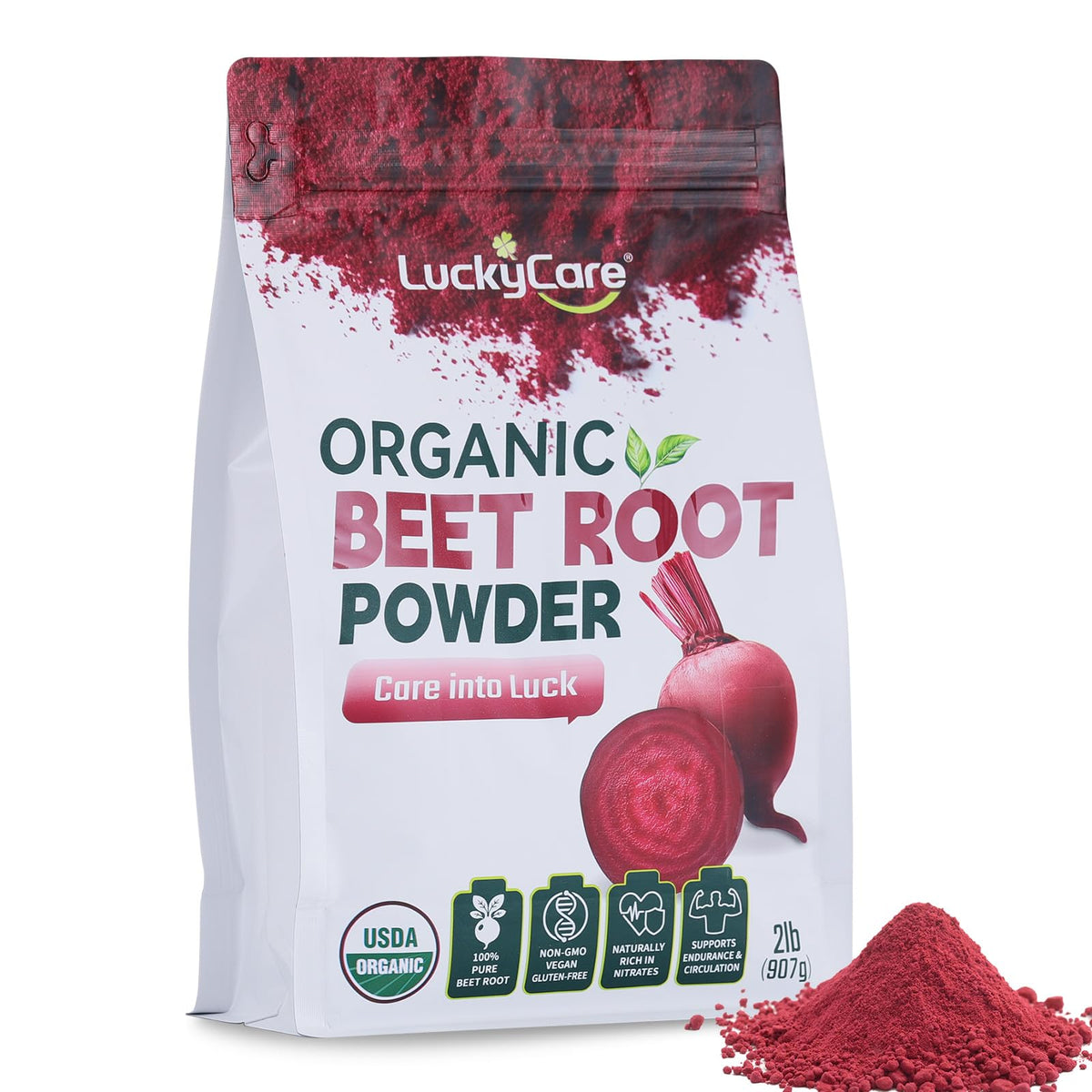 Poudre de betterave bio Luckycare 921g vue avant avec étiquette