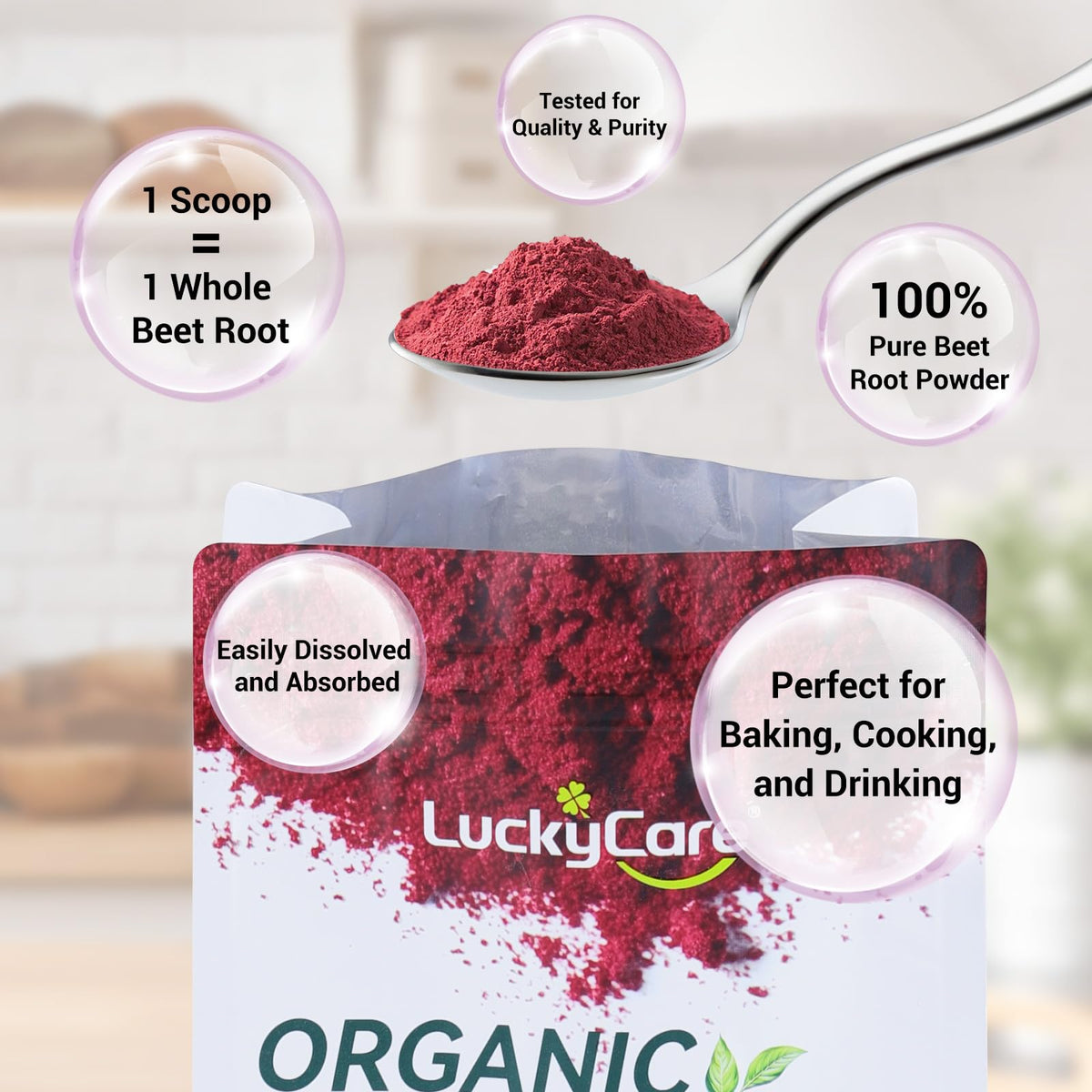 Poudre de betterave bio Luckycare en sachet ouvert