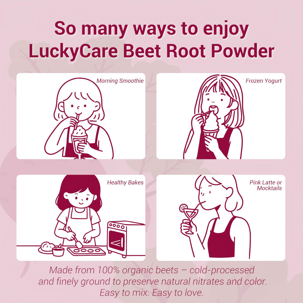 Poudre de betterave bio Luckycare, utilisation dans un latte