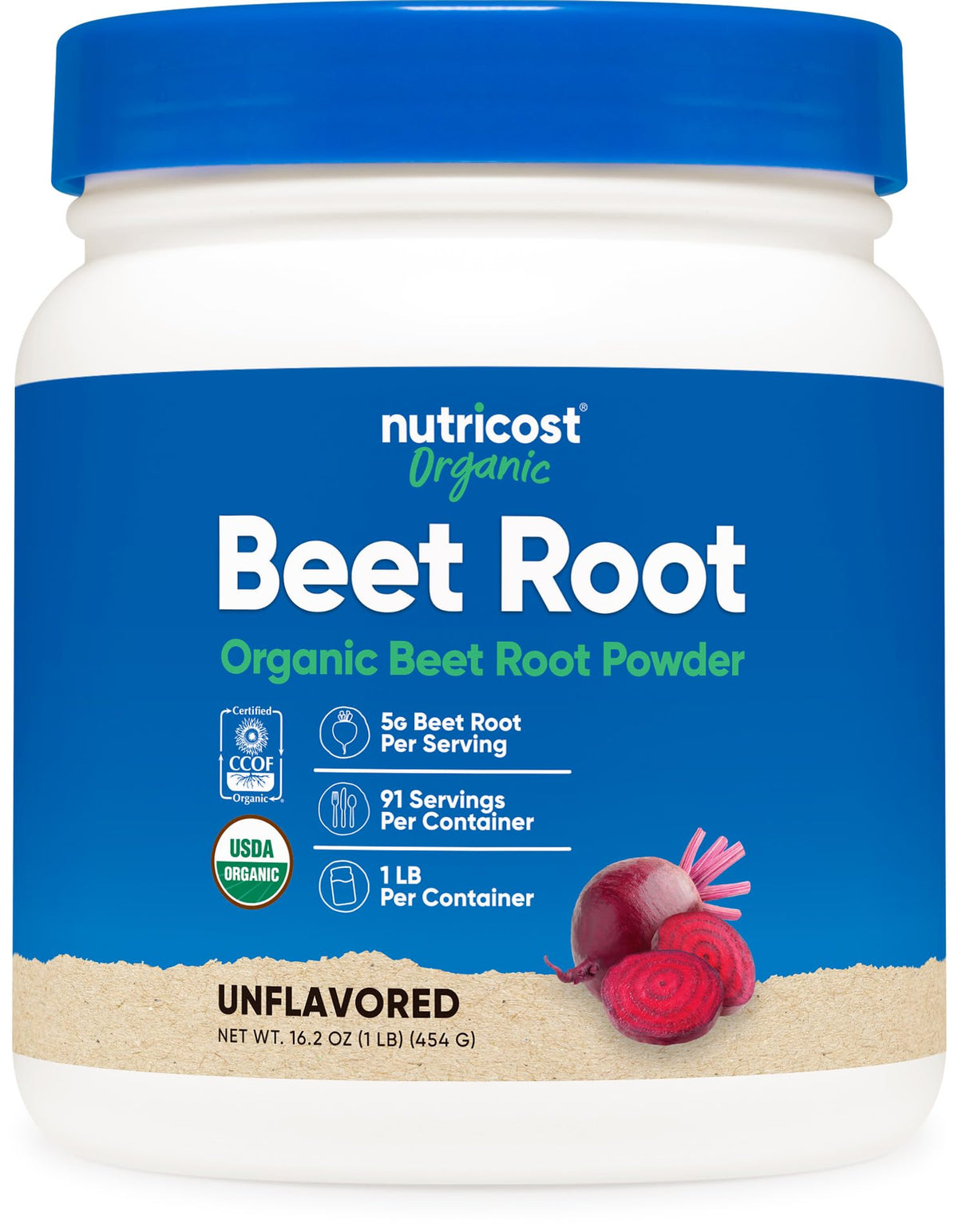 Poudre de betterave bio Nutricost 549g, vue de face