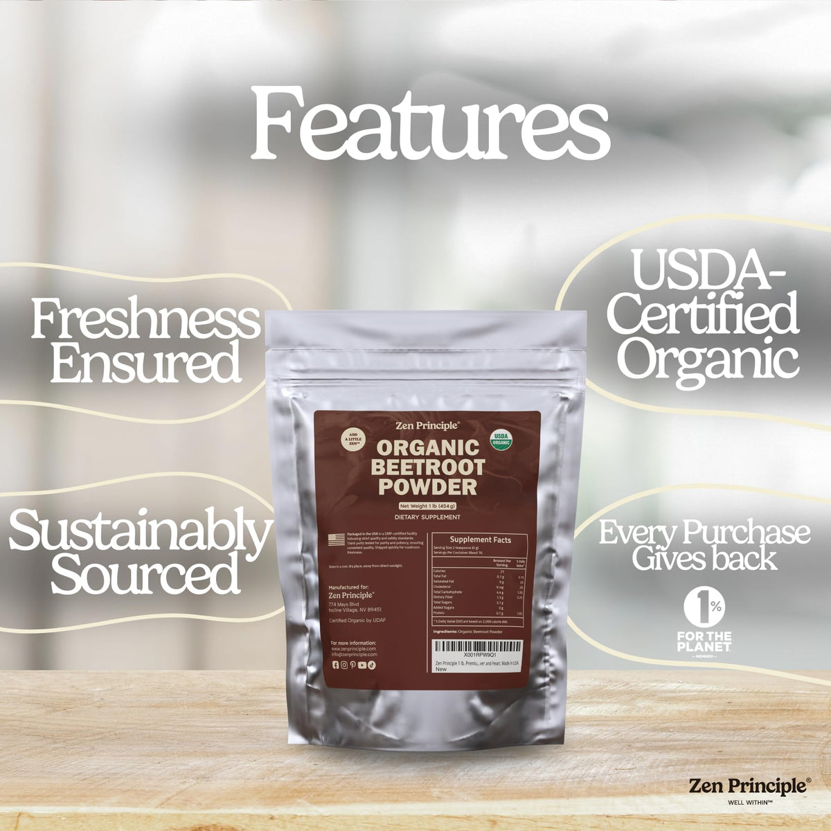 Poudre de betterave Zen Principle sur une table en bois