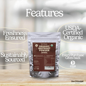 Poudre de betterave Zen Principle sur une table en bois