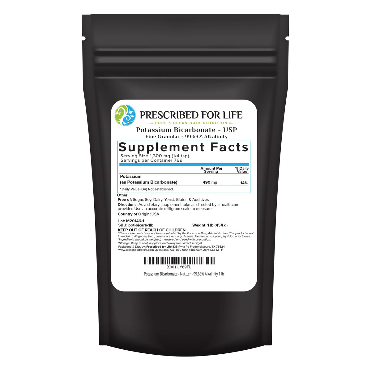 Poudre de bicarbonate de potassium Prescribed For Life 472g vue avant