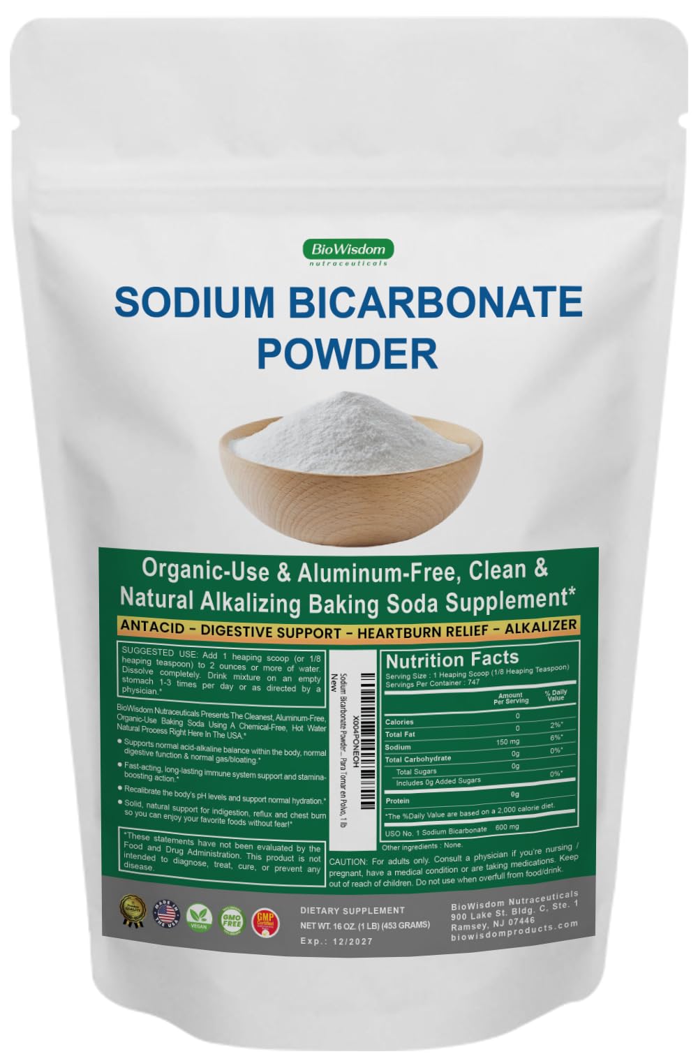 Poudre de bicarbonate de sodium BioWisdom 449g vue de face