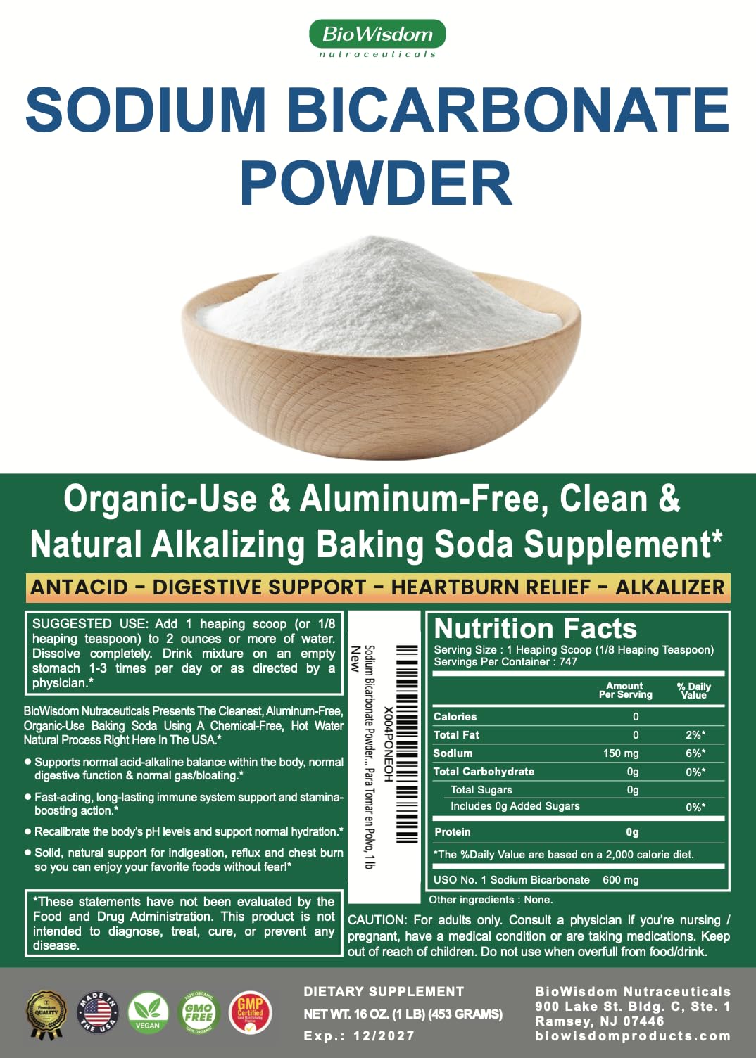 Poudre de bicarbonate de sodium BioWisdom avec ingrédients sur une table