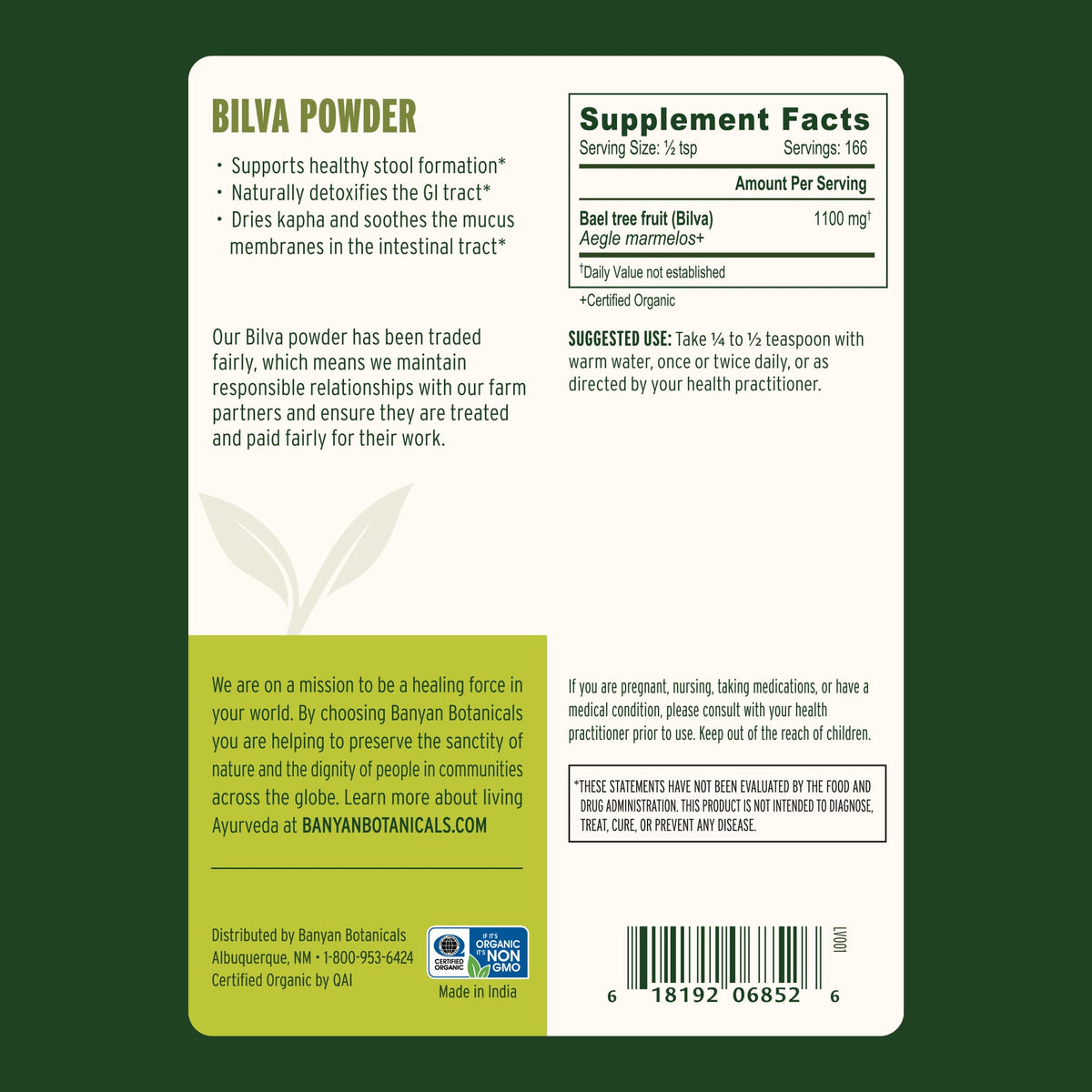 Poudre de Bilva Bio Banyan Botanicals 249g avec cuillère