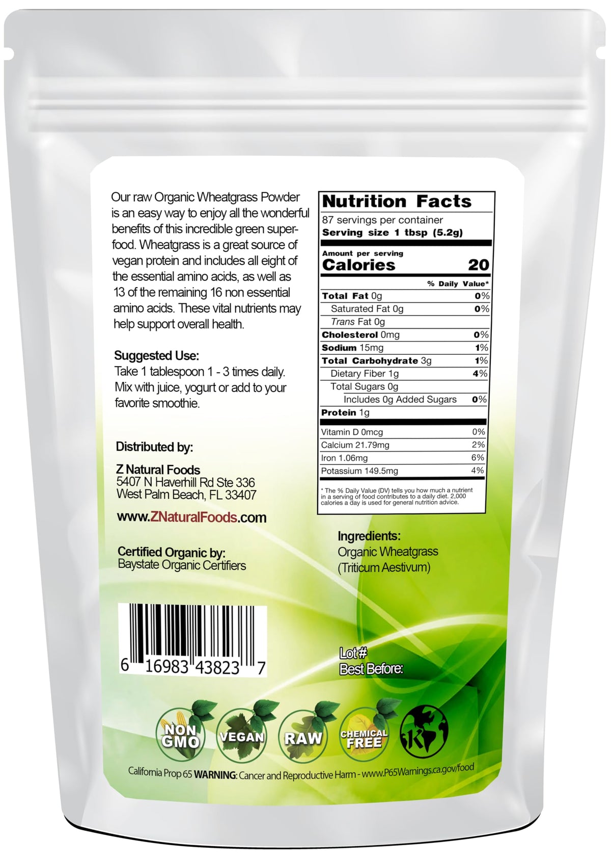 Poudre de Blé Vert Bio Z Natural Foods 508g avec cuillère