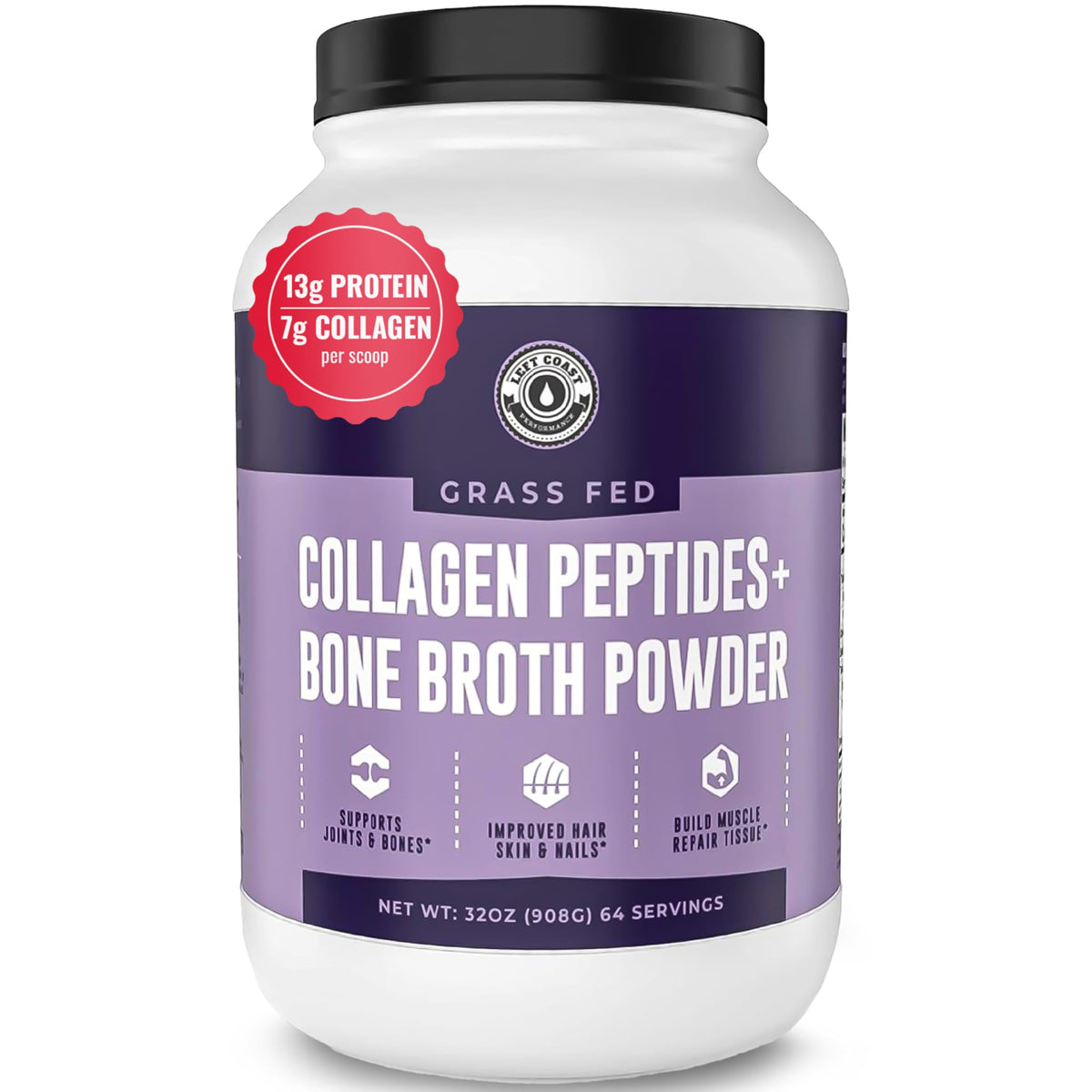 Poudre de bouillon d'os collagène 2lb Left Coast Performance, vue de face