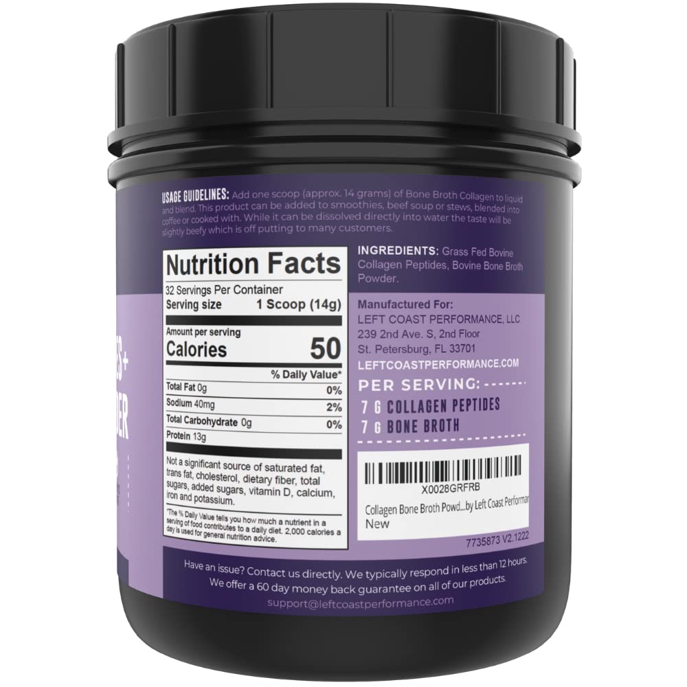 Poudre de bouillon d'os Left Coast Performance 16oz avec cuillère