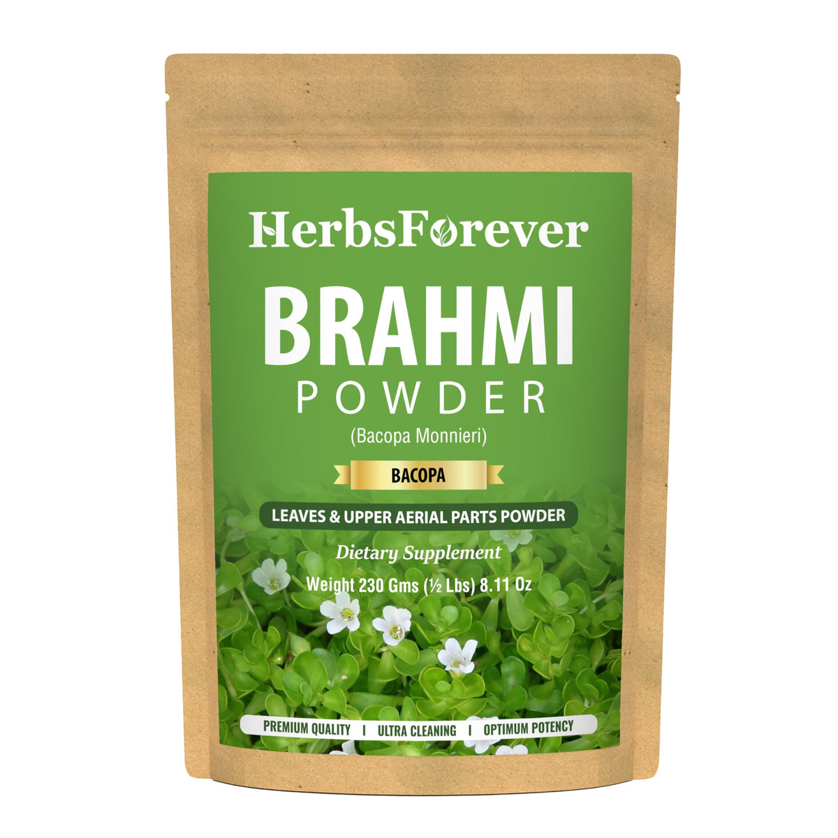 Poudre de Brahmi 100% pure de Herbsforever, 230 g en emballage