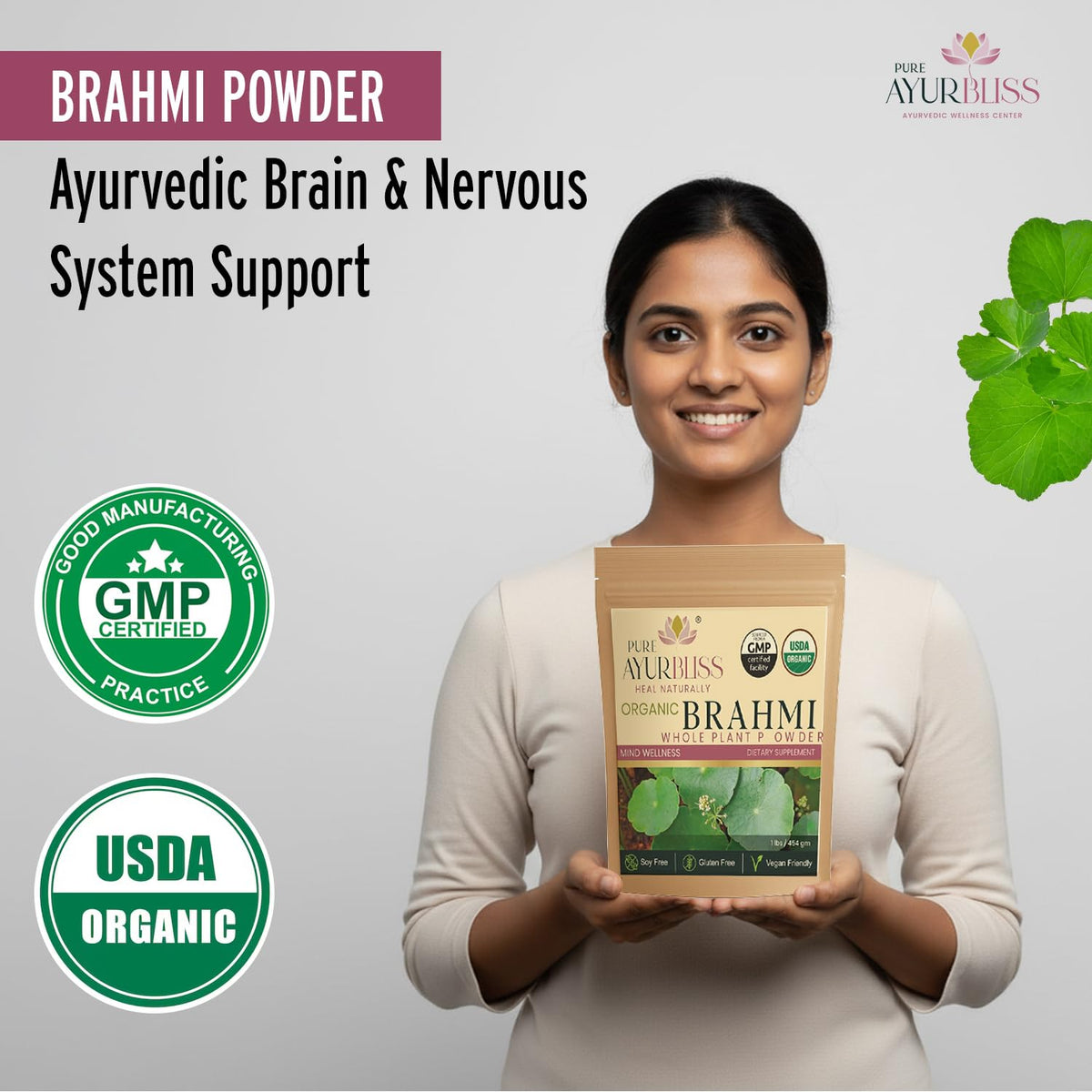 Poudre de Brahmi PureAyurbliss avec cuillère