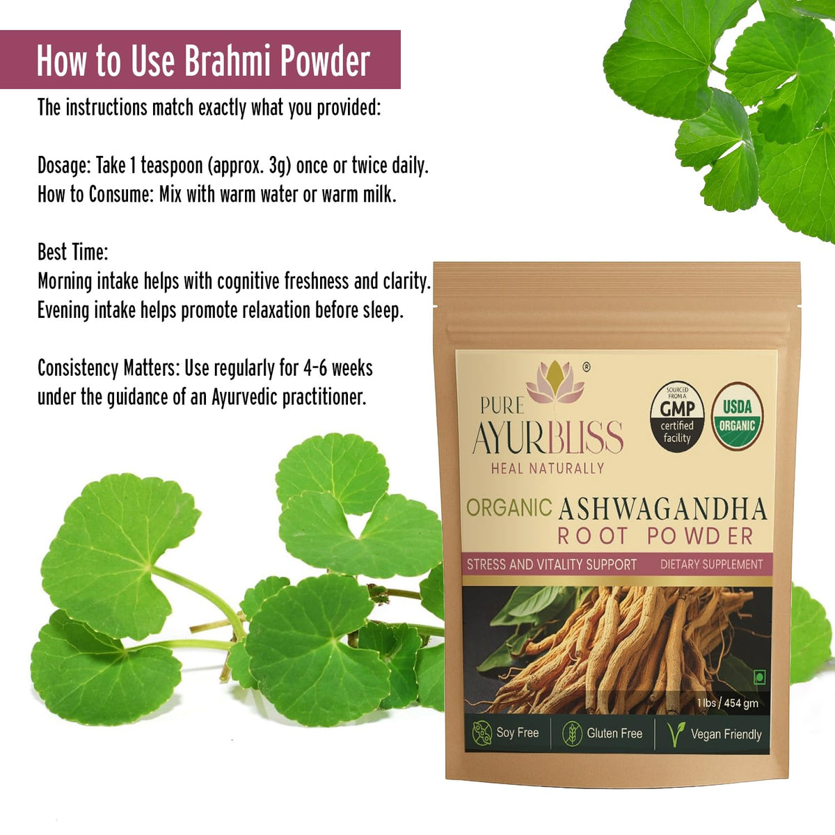 Poudre de Brahmi PureAyurbliss avec ingrédients naturels