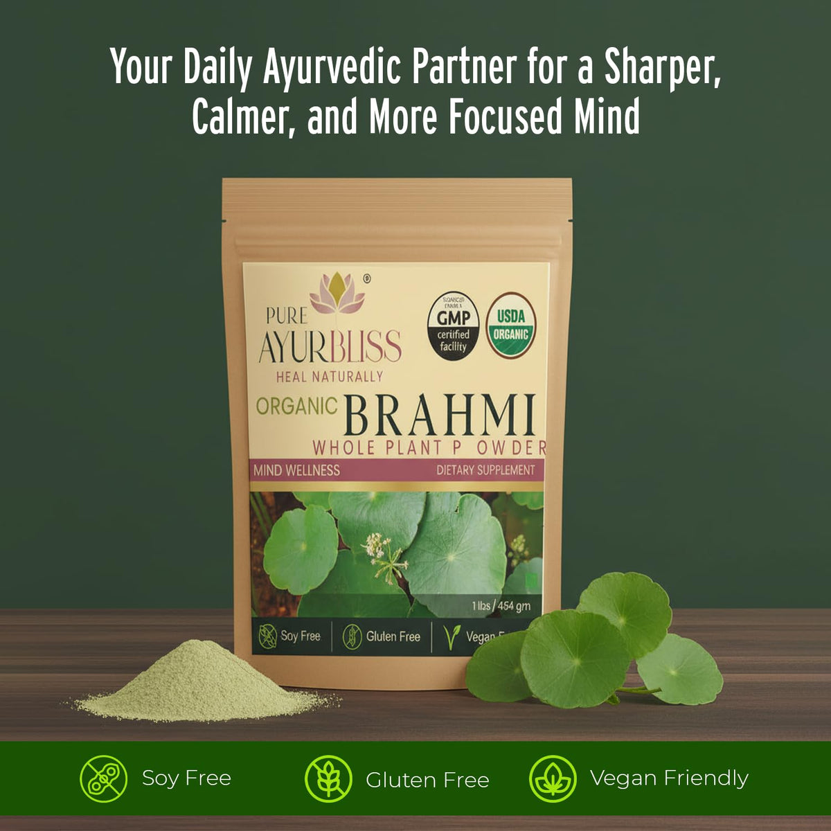 Poudre de Brahmi PureAyurbliss dans un bol