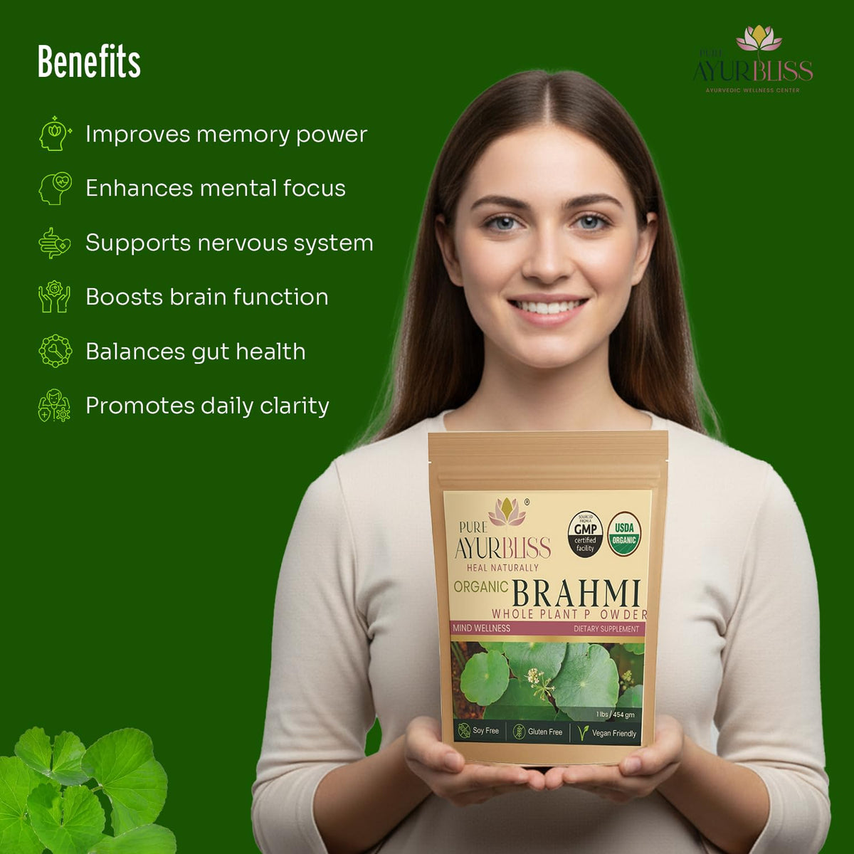 Poudre de Brahmi PureAyurbliss en utilisation quotidienne