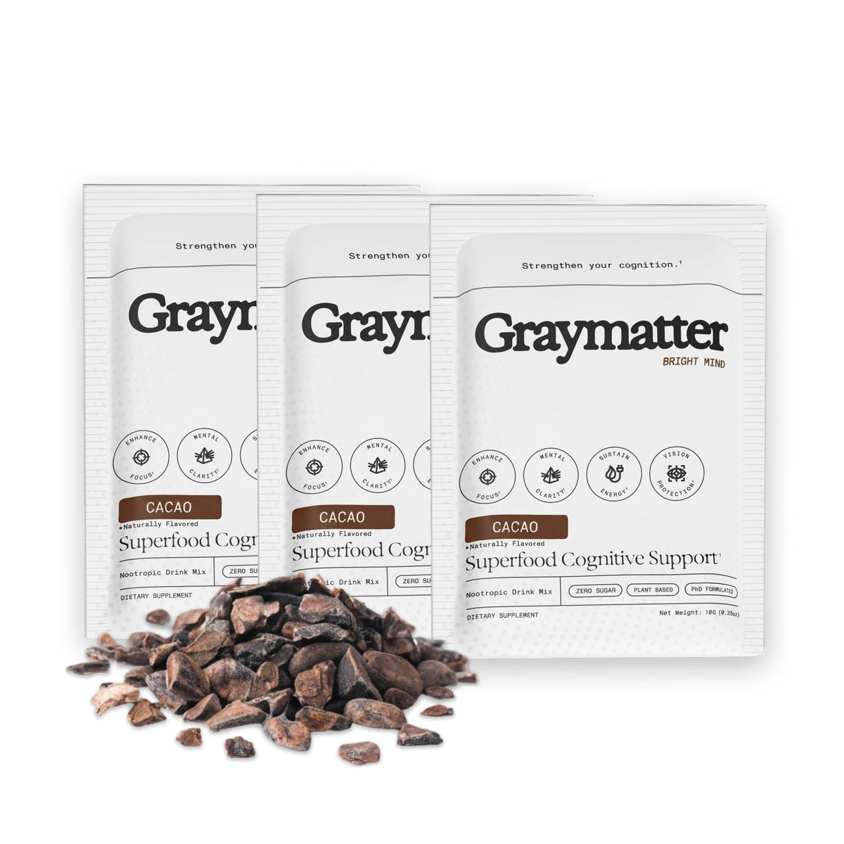 Poudre de cacao nootropique Graymatter sachets en vue de face