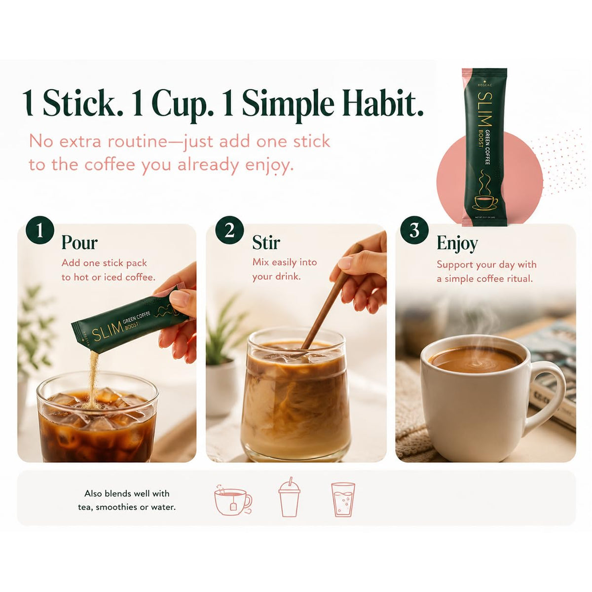 Poudre de Café Vert ROSEAC - sachets individuels sur fond blanc