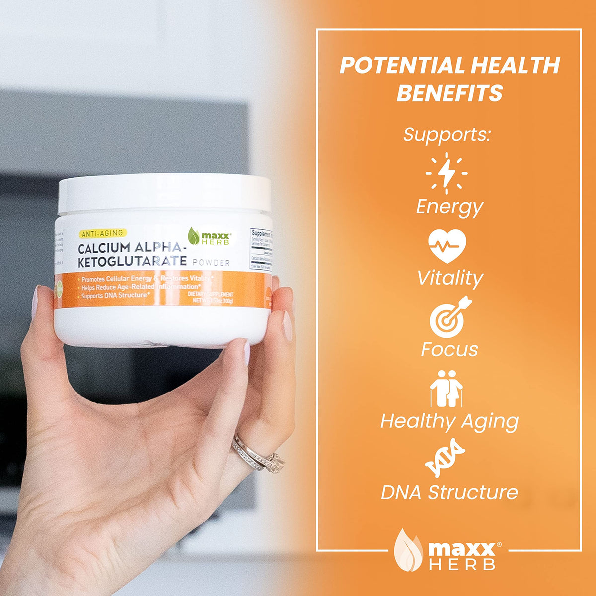 Poudre de Calcium AKG Maxx Herb dans un verre d'eau