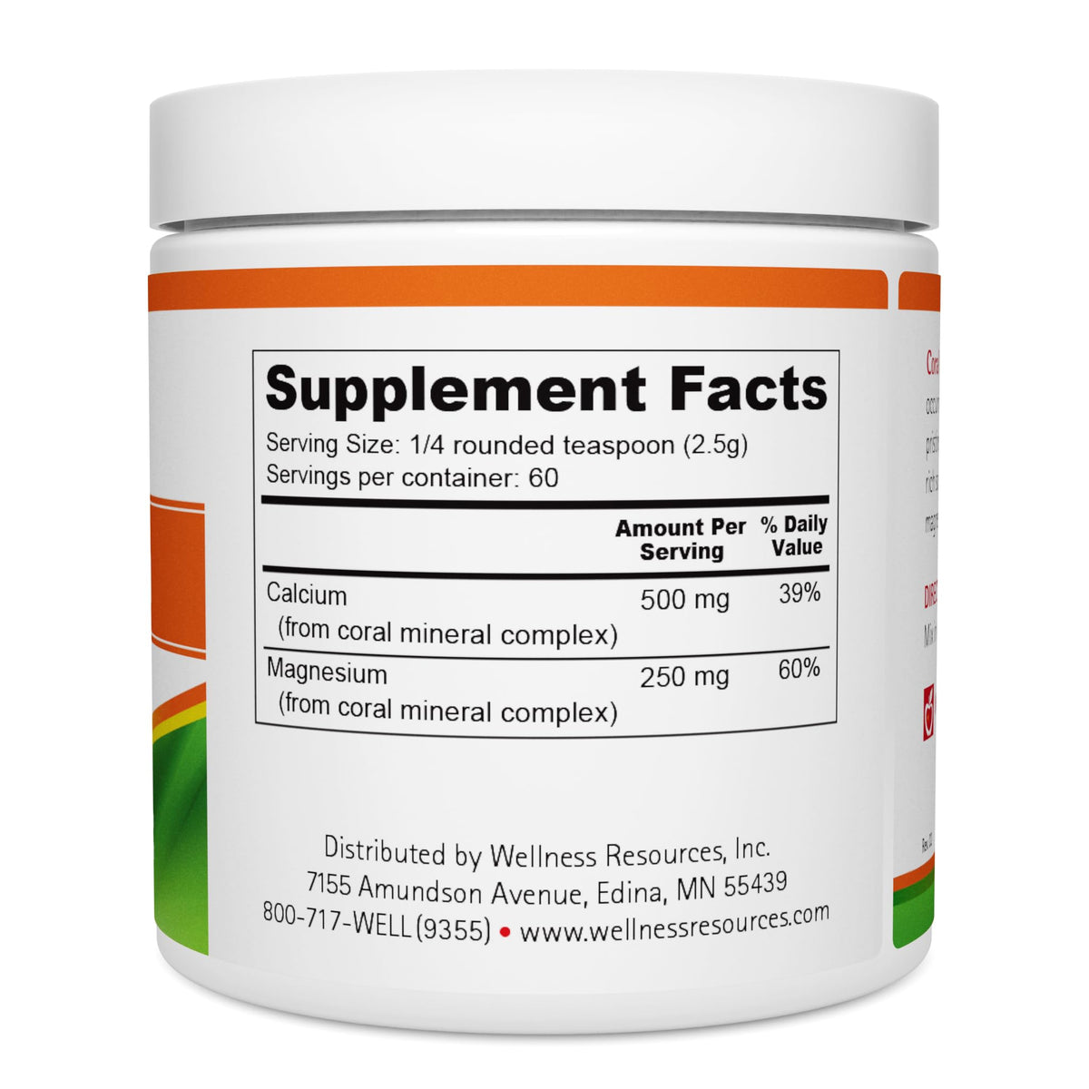 Poudre de calcium corail Wellness Resources 500mg près d'une cuillère doseuse