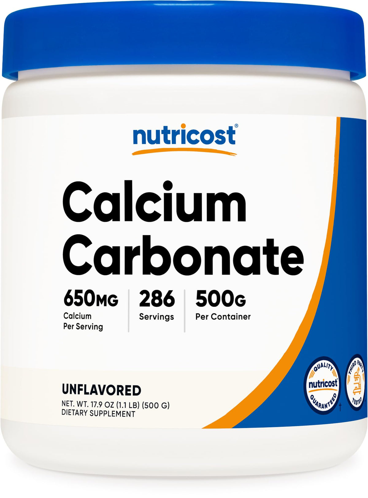 Poudre de carbonate de calcium Nutricost 500g vue de face