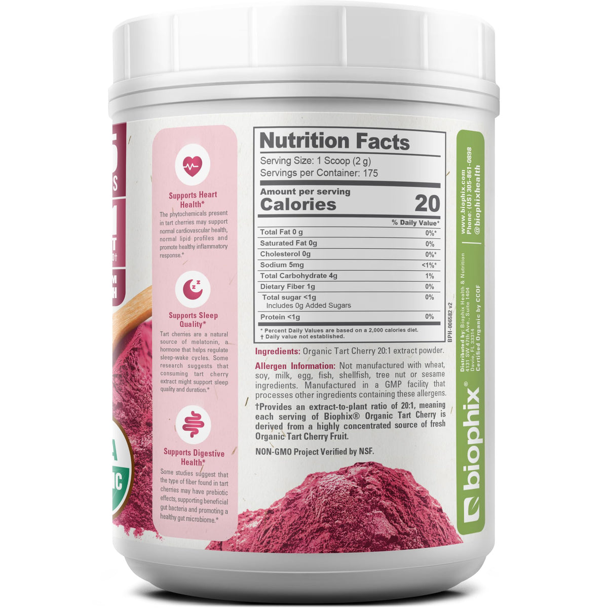 Poudre de cerise acide bio 20:1 de biophix, cuillère doseuse à côté du contenant
