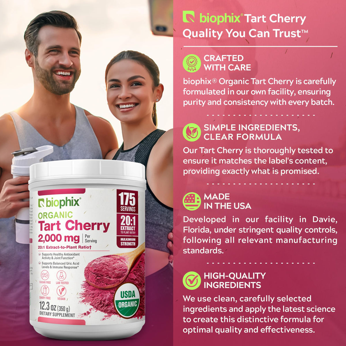 Poudre de cerise acide bio 20:1 de biophix, étiquette avec informations nutritionnelles
