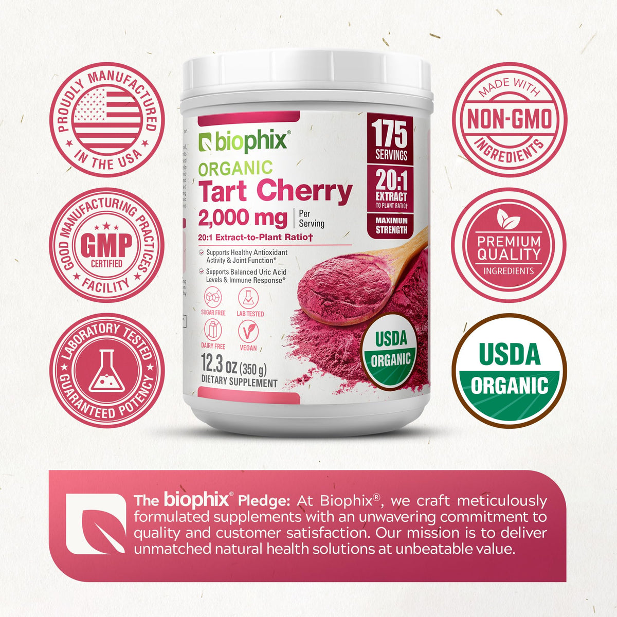 Poudre de cerise acide bio 20:1 de biophix, mélange dans un verre d'eau