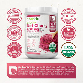Poudre de cerise acide bio 20:1 de biophix, mélange dans un verre d'eau