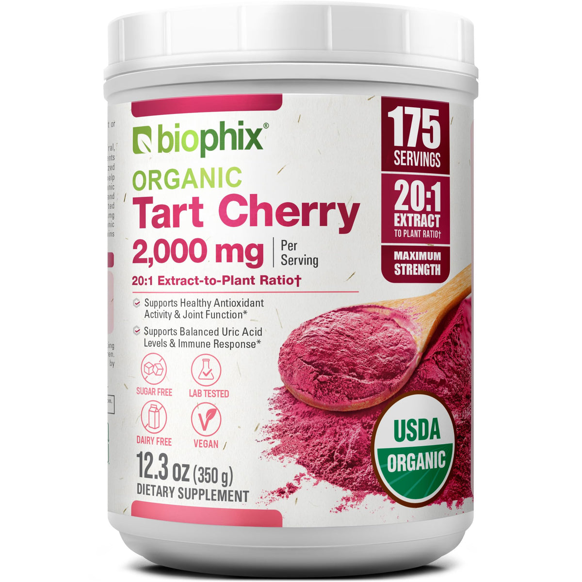 Poudre de cerise acide bio 20:1 de biophix, vue avant du contenant