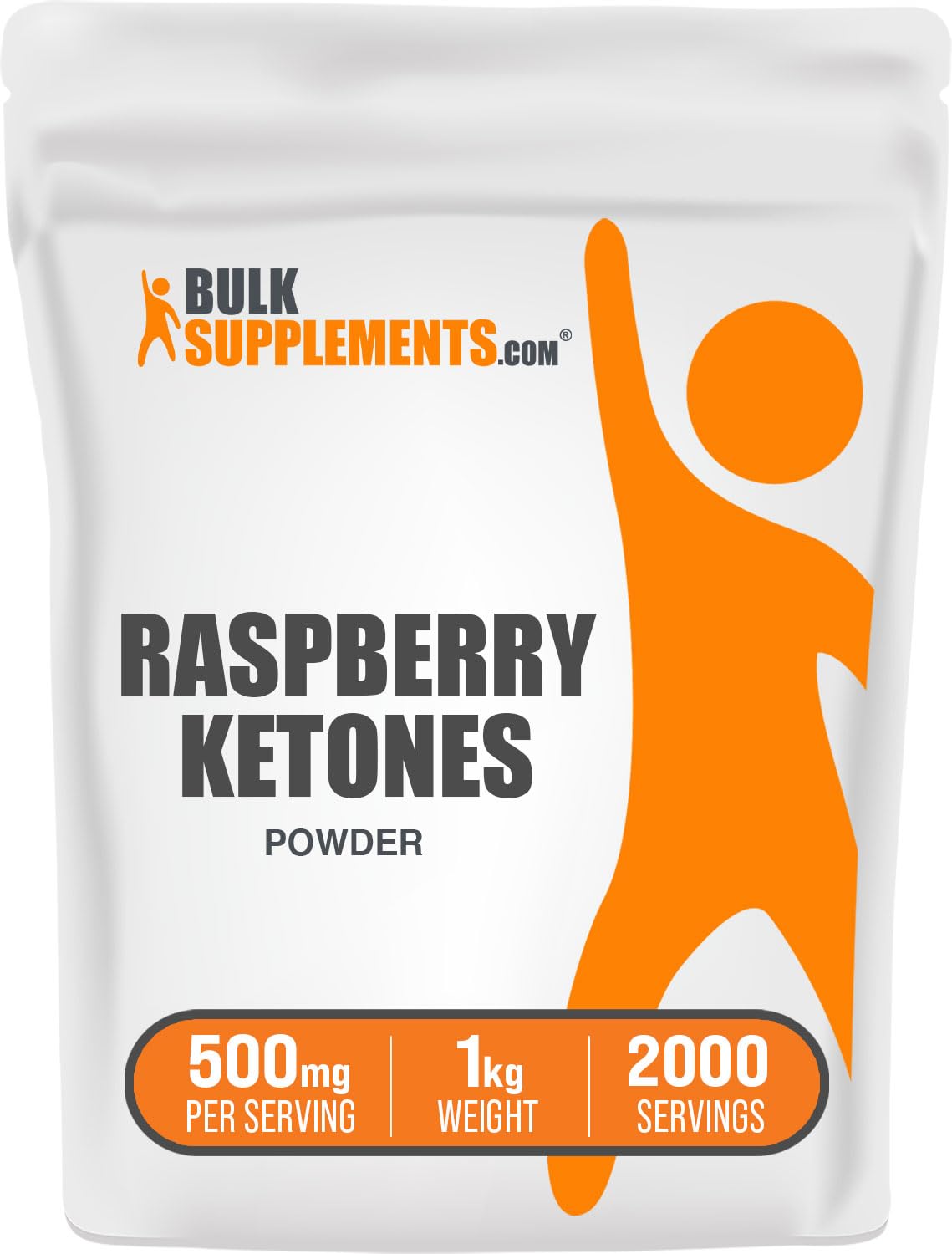 Poudre de cétones de framboise BulkSupplements devant un fond neutre