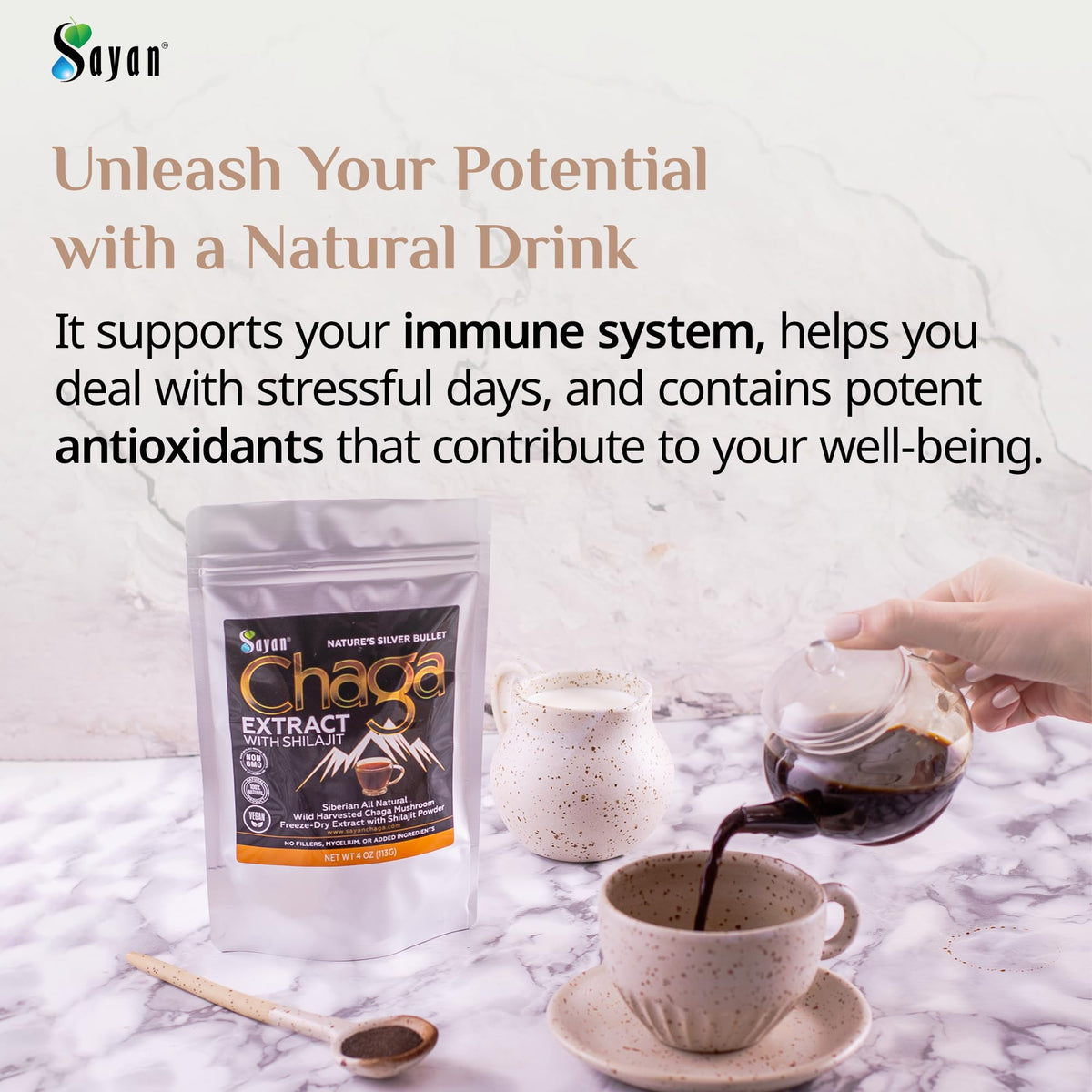 Poudre de Chaga et Shilajit Sayan 59g dans un bol