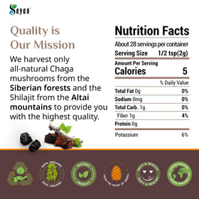 Poudre de Chaga et Shilajit Sayan 59g sur une table