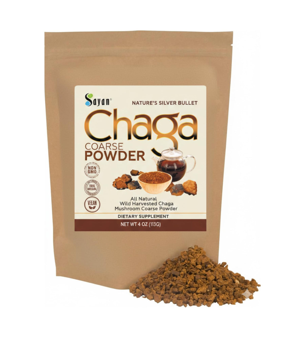 Poudre de Chaga Sayan 113g vue de face avec emballage